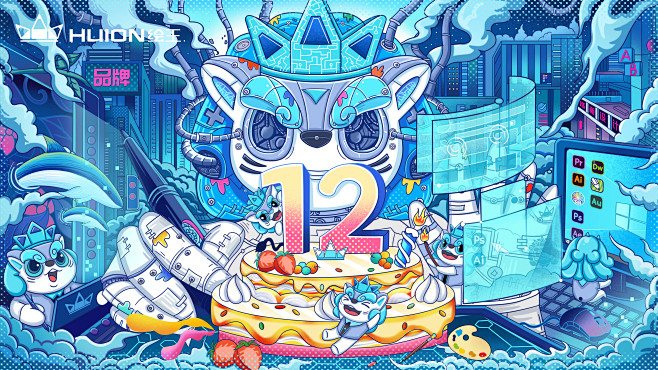 整体画面以绘王12周年为主题，绘画的桌面插画设计。视觉以绘 王的IP小绘为主视觉，将其与机器人形象做结合，手拿手绘笔，表达 绘王绘出多彩缤纷的 ...