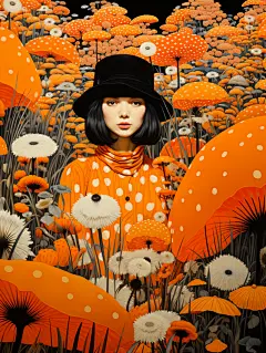 富有想象力的奇幻风景插画海报金黄色蘑菇