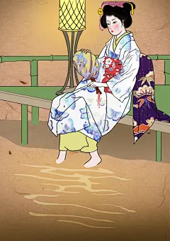 唯美洗脚大气高端浮世绘侍女插画
