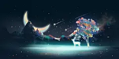 星空流星唯美星空下的鹿治愈系梦幻插画海报背景