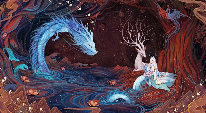为妄想山海绘制的温柔的龙女鼓妹和小白龙_...