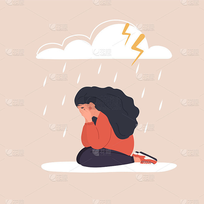 忧伤的女人坐在阴云下。抑郁少年哭泣。情绪障碍的概念。不快乐的女孩需要心理帮助。矢量插图在卡通风格
