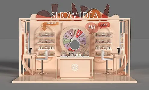 简约美妆展台 美博会 彩妆陈列架 化妆品展台 快闪店 打卡拍照 展览展示 彩妆体验3D模型-花瓣网