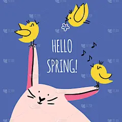 复活节兔子和三只小鸡围绕着它，中间是鲜花、歌曲和话语Â«Hello springÂ»。适用于贺卡，横