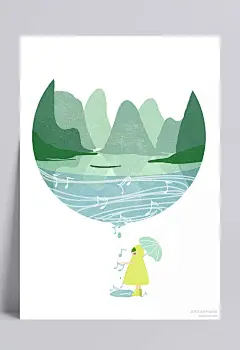 手绘风景|山水画,风景画,绿色,圆形,手绘,小女孩,撑伞,中国风,装饰元素