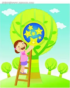 在梯子上宅星星的小女孩矢量时尚图片AI|插画|插图|绘画|角色|卡通|卡通人物|卡通人物图片|漫画|漫画人物|人物|人物素材|人物图片|设计|矢量人物|矢量图|手绘|树|水彩|梯子|图片|摘星星