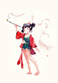 q版 手绘 插画 水彩  白蛇缘起 白蛇 狐狸