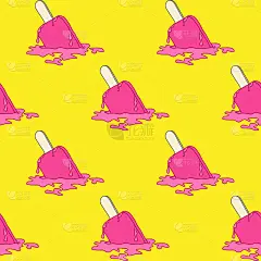 无缝图案与粉红色的冰淇淋掉落和融化在地板上隔离在明亮的黄色背景。可爱的冰棒壁纸。矢量插图。