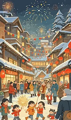 春节雪景街景庆春插画图形