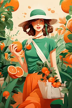 AI数字扁平风水果女孩人像插画
