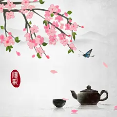 中国风背景 水墨插画 水墨风景插画 新中式装饰画 无框画 装饰画 禅意 客厅无框画 24节气国画 新中式水墨画 古风无框画 现代中式画 现代简约装饰画 禅意水墨画 春分 春天 四季 蝴蝶 桃枝 桃花 花瓣 茶具 茶艺 茶文化 茶道