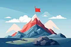 旗帜设计山峰上插着的红旗背景插画