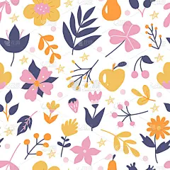可爱的彩色植物和花。矢量花无缝图案在白色背景在平面涂鸦风格。墙纸、包装纸设计及织物印刷