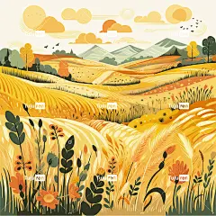 秋收田野，金色麦田，平面插图，手绘