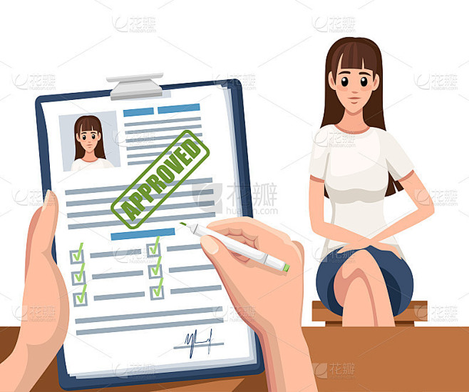 申请文件加盖核准章。已接受的申请或简历。纸张形式与复选框和照片。卡通人物设计。平面矢量插图上的白色背