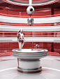 red and silver interior with a robot for food, in the style of medical imaging film., light white and light bronze, ue5, highly polished surfaces, rounded, studio light, sanriocore