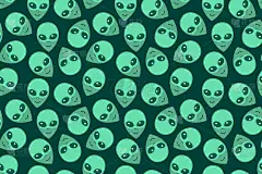 无缝模式与外星人绿色头。UFO，人形机器人无尽的背景孤立。微笑的游客,火星人。矢量插图，空间主题的壁