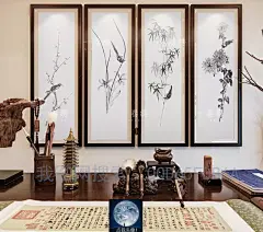 手绘新中式梅兰竹菊工笔花鸟背景墙装饰画无纺布墙纸壁画无缝定制-淘宝网