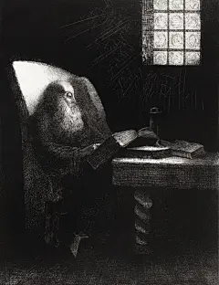 老学者在烛光下读书的黑白素描插画奥迪隆·雷东Odilon Redon作品