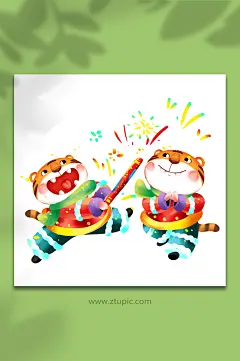 2022虎年小老虎春节烟花卡通插画