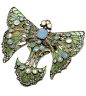 ENAMEL, OPAL AND DIAMOND BROOCH, CIRCA 1900 Designed as a stylised butterfly, set with green plique à jour enamel, cabochon opals, rose- and circular-cut diamonds, mounted in yellow gold and platinum, French assay marks, enamel deficient.: 