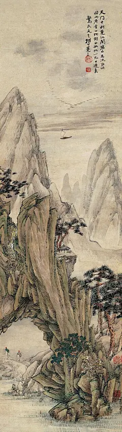 天门中断楚江开，碧水东流至此回。两岸青山相对出，孤帆一片日边来。——唐·李白《望天门山》
【图：陶觉三】