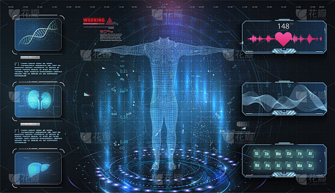 医疗检查风格HUD, UI, UX, GUI。医疗保健虚拟身体高科技诊断面板。未来的现代医学。虚拟身