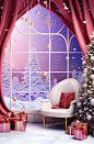 Christmas room christmas scene, in the style of vibrant stage backdrops, surrealist dreamlike scenes, aurorapunk, eye-catching, photorealistic renderings