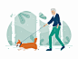 Walking the Dog scene leash stroll grandfather grandparents grandpa walking dog illustration dogs dog