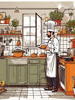 AI数字艺术手绘厨师在厨房烹饪插图