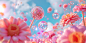 3D rendering with a dreamy and vibrant color palette, lovely, fantasy, sweety, emphasizing the fantastical elements of the floating various types of candy and the enchanting sky beautiful flower, bubble