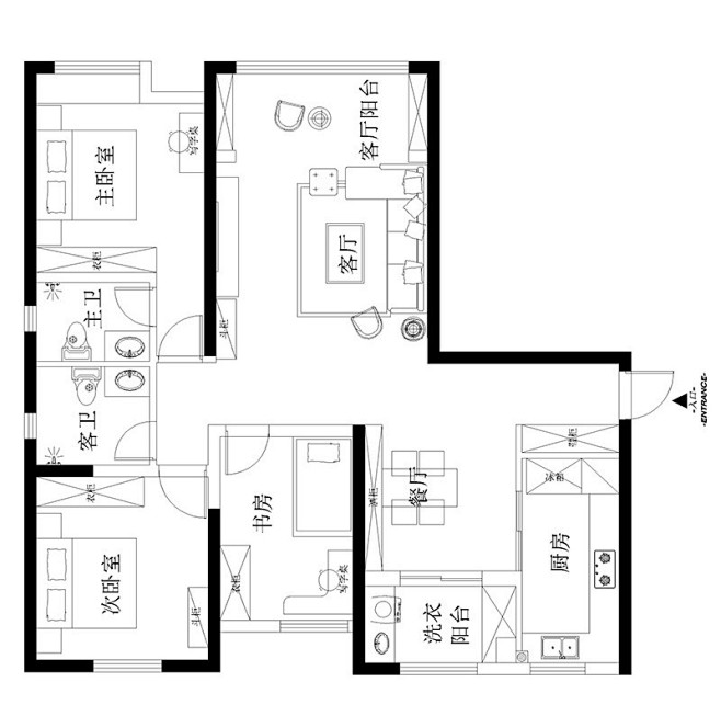 谦祥万和城140平三室两厅装修案例户型图