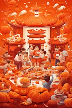 新年主题龙年除夕夜年夜饭插画