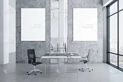 现代的同事办公室内部，灰色墙上贴着两张空白的海报。工作场所和公司概念。模特儿，3D渲染