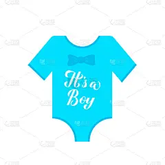 这是一个男孩的书法手写体上的蓝色婴儿连体衣。性别揭秘的迹象。宝宝派对装饰品。矢量模板邀请，贺卡，横幅
