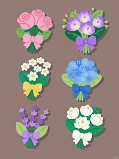 一组6个不同花束的规整排布插画，每个花束保持相同的卡通风格，线条简洁流畅，色彩明快，带有轻微阴影效果，纯色背景，整体色彩变换。第一个是玫瑰花束，粉色玫瑰搭配绿色叶子和粉色蝴蝶结；第二个是牵牛花花束，紫色牵牛花搭配绿色叶子和紫色蝴蝶结；第三个是小雏菊花束，白色小雏菊搭配绿色叶子和黄色蝴蝶结；第四个是绣球花花束，蓝色绣球花搭配绿色叶子和蓝色蝴蝶结；第五个是薰衣草花束，紫色薰衣草搭配绿色叶子和紫色蝴蝶结；第六个是栀子花花束，白色栀子花搭配绿色叶子和白色蝴蝶结。所有花束造型各异，但保持相同的整体风格和元素内容，整