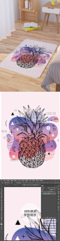紫色渐变矢量手绘菠萝素描脚垫地毯图案