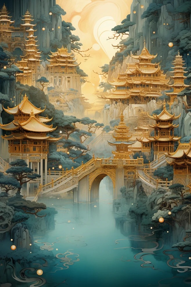 金色神话建筑神仙洞府天宫原画-花瓣网