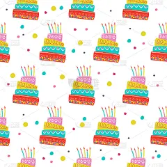 无缝模式。漂亮的插着蜡烛的生日蛋糕。用于在纺织品、纸张上印刷。用于生日礼物的包装。矢量插图。