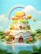 happy birthday cake in the water with rainbows, in the style of photorealistic landscapes, charming character illustrations, uhd image, light orange and light green, hallyu, nostalgic rural life depictions, elaborate fruit arrangements