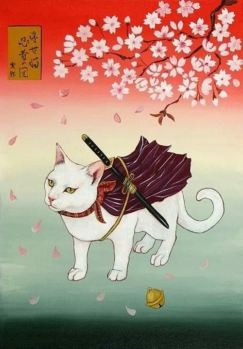 田中秀治的忍者猫绘画充满了浮世绘的场景风...