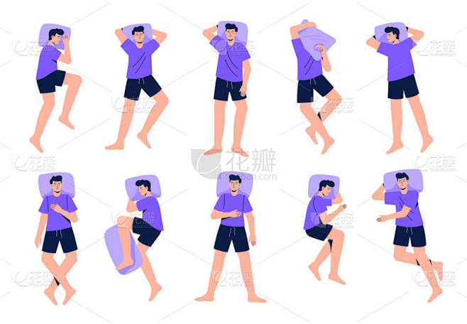 一组不同的睡眠姿势。男人在做梦或放松时以各种姿势躺着。午睡或夜间睡眠姿势。顶部视图。平面图的矢量图解
