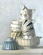 Olga Antonova - Composition of Twelve Blue, White and Gold Cups Stacked, Painting For Sale at 1stdibs