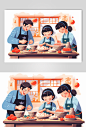 AI数字艺术冬至卡通一家人包饺子插画