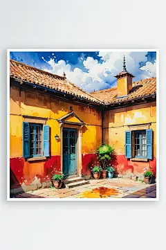 手绘油画老房子四合院插画-众图网