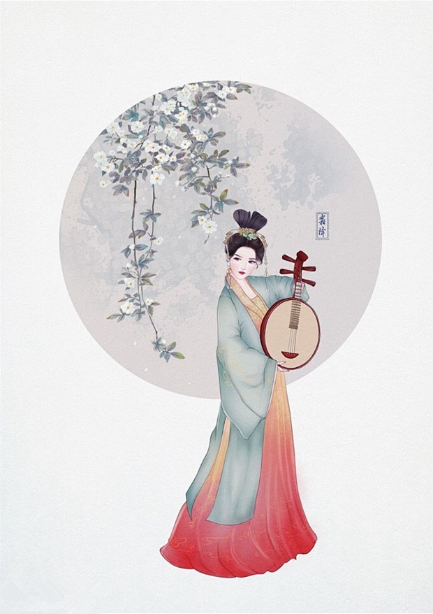 唯美汉服美女的古风人物手绘插画图片