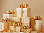 A pile of elegant champagne gift boxes with golden ribbons on top, used for commercial photography on a soft beige background. The composition includes various gifts of different sizes and shapes, showcasing the diversity of sizes and shapes. Each box is 