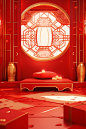 Red oriental oriental room with golden frame and red floor, in the style of luminous 3d objects, playful geometrics, xmaspunk, light red and white, joong keun lee, contest winner, festive atmosphere