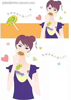 吃棒棒糖的女生时尚插画AI|绘画设计|角色|卡通人物|卡通人物图片|漫画人物|人物插画|人物素材|人物图片|矢量人物|矢量图|手绘人物|水彩