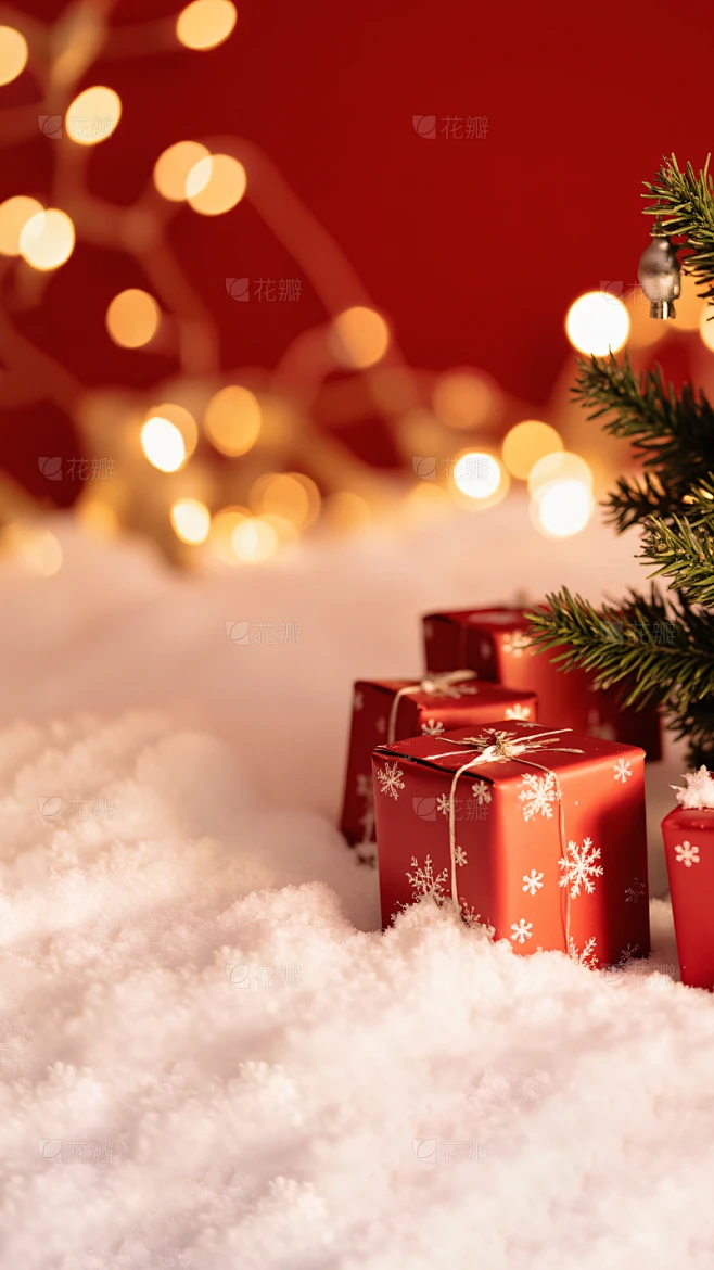 圣诞节圣诞温馨感红色雪地小场景背景图片_氛围图图片素材-花瓣网